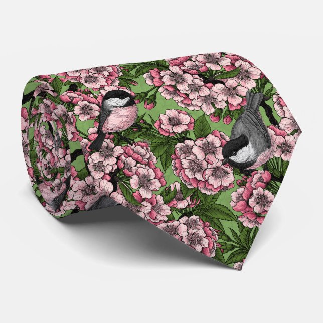 Cherry blossom and chickadees on green neck tie (Rolled)