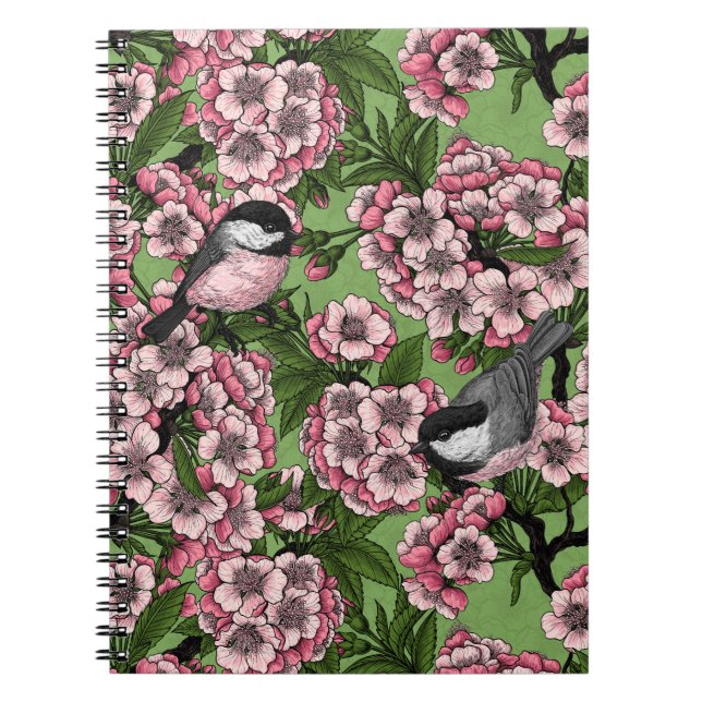 Cherry blossom and chickadees on green notebook (Front)
