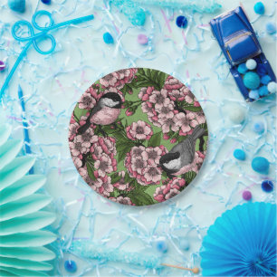 Cherry blossom and chickadees on green paper plates