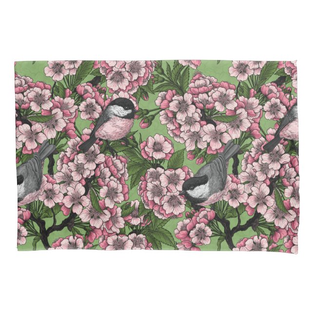 Cherry blossom and chickadees on green pillow case (Front)