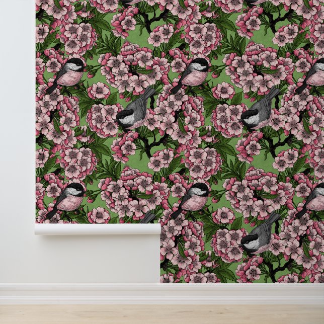 Cherry blossom and chickadees on green wallpaper  (Application)
