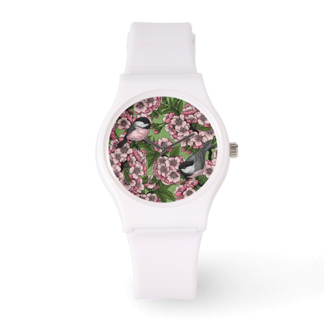 Cherry blossom and chickadees on green watch (Front)