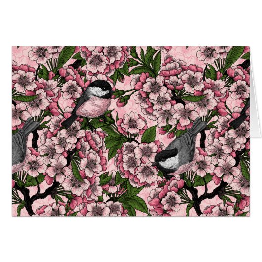 Cherry blossom and chickadees on pink (Front Horizontal)