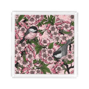 Cherry blossom and chickadees on pink acrylic tray