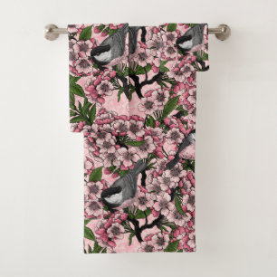 Cherry blossom and chickadees on pink bath towel set