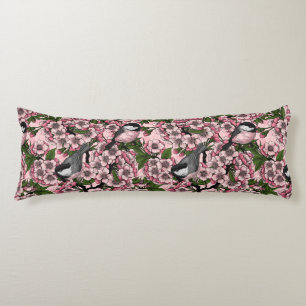 Cherry blossom and chickadees on pink body pillow
