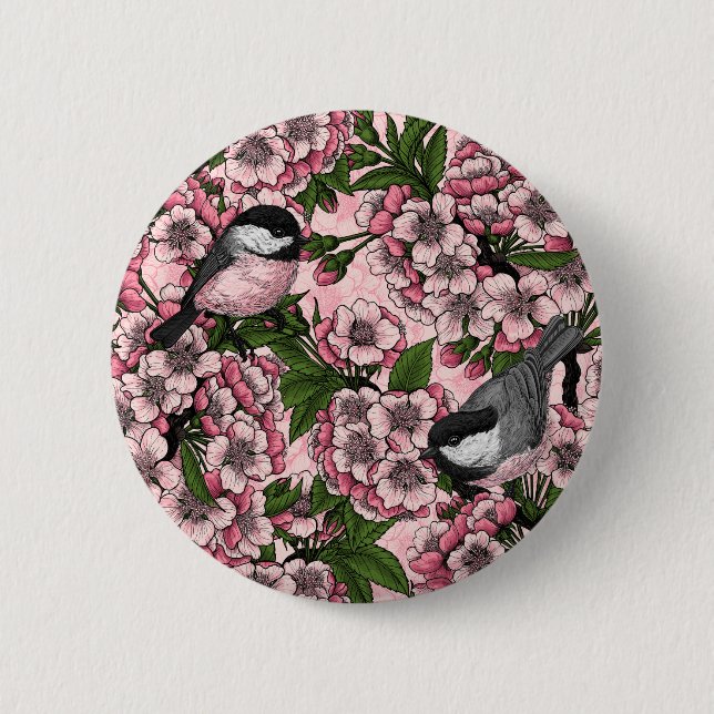 Cherry blossom and chickadees on pink button (Front)