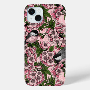 Cherry blossom and chickadees on pink iPhone 15 plus case