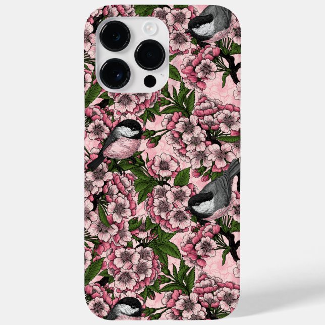 Cherry blossom and chickadees on pink Case-Mate iPhone case (Back)