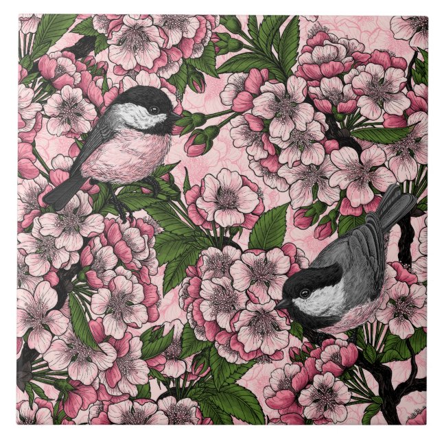 Cherry blossom and chickadees on pink ceramic tile (Front)