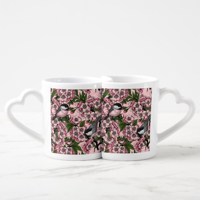 Cherry blossom and chickadees on pink coffee mug set (Front Nesting)