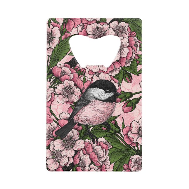 Cherry blossom and chickadees on pink credit card bottle opener (Front)