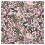 Cherry blossom and chickadees on pink fabric