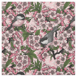 Cherry blossom and chickadees on pink fabric