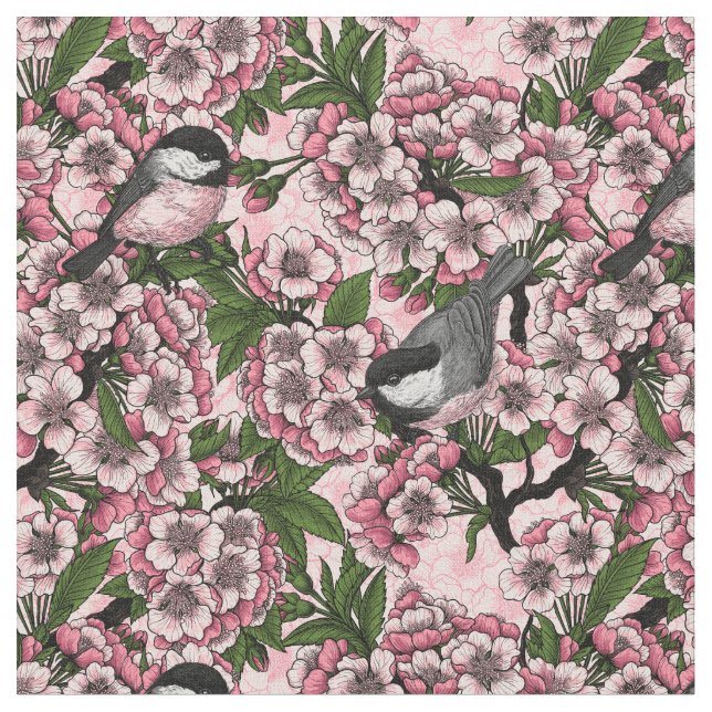 Cherry blossom and chickadees on pink fabric (Close Up)