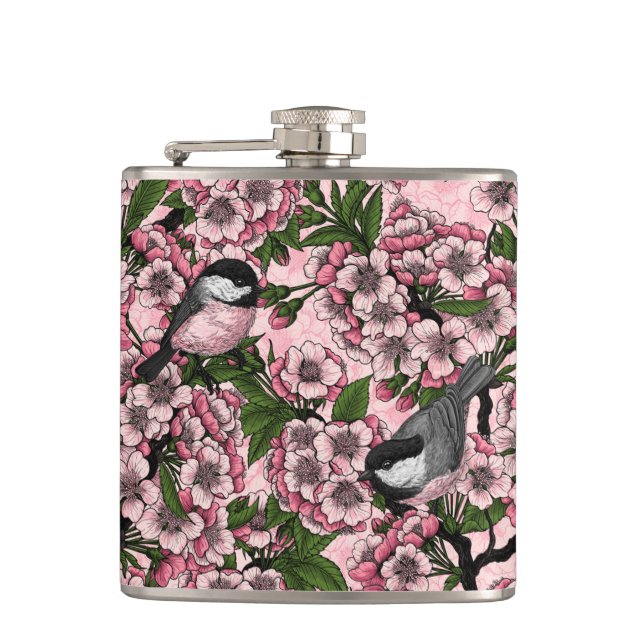 Cherry blossom and chickadees on pink flask (Front)