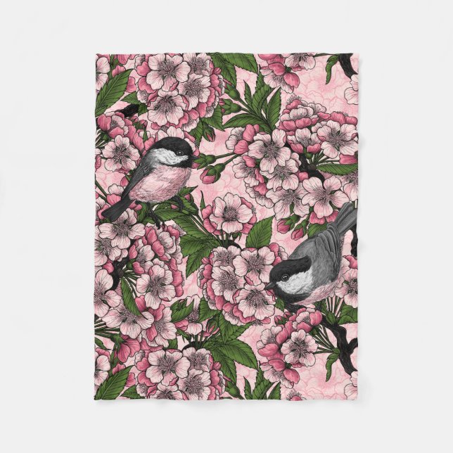 Cherry blossom and chickadees on pink fleece blanket (Front)