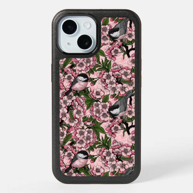 Cherry blossom and chickadees on pink iPhone 15 case (Back)