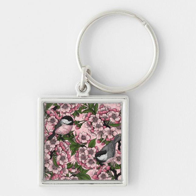 Cherry blossom and chickadees on pink keychain (Front)