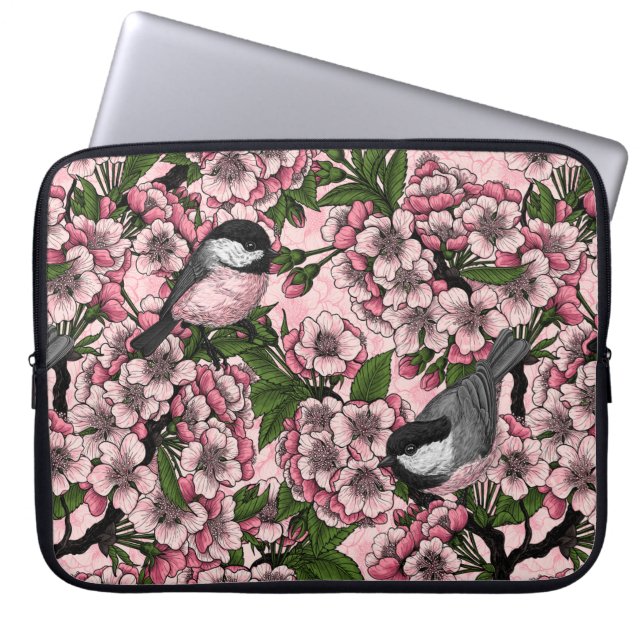 Cherry blossom and chickadees on pink laptop sleeve (Front)