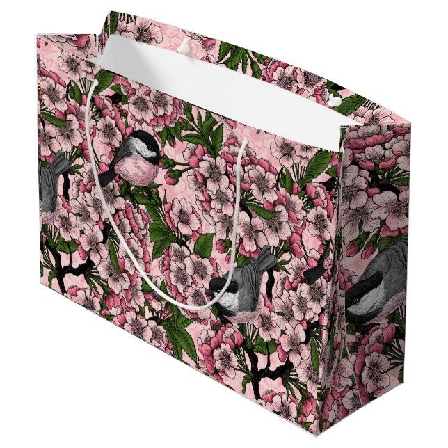 Cherry blossom and chickadees on pink large gift bag (Back Angled)
