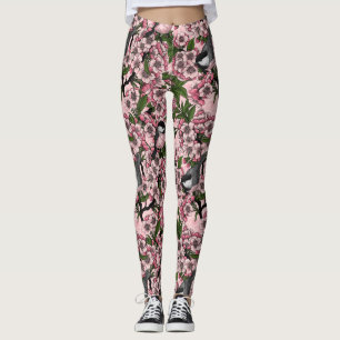 Cherry blossom and chickadees on pink leggings