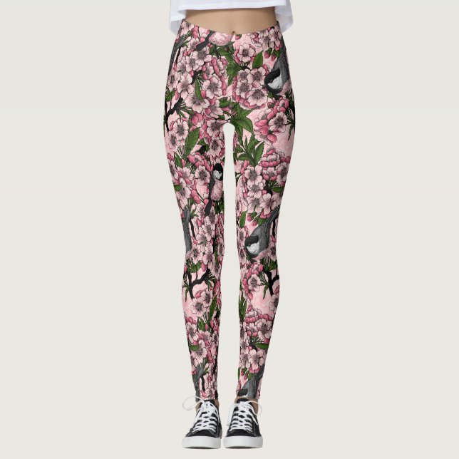Cherry blossom and chickadees on pink leggings (Front)