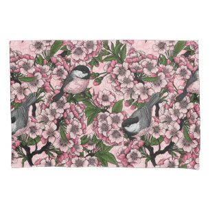 Cherry blossom and chickadees on pink pillow case
