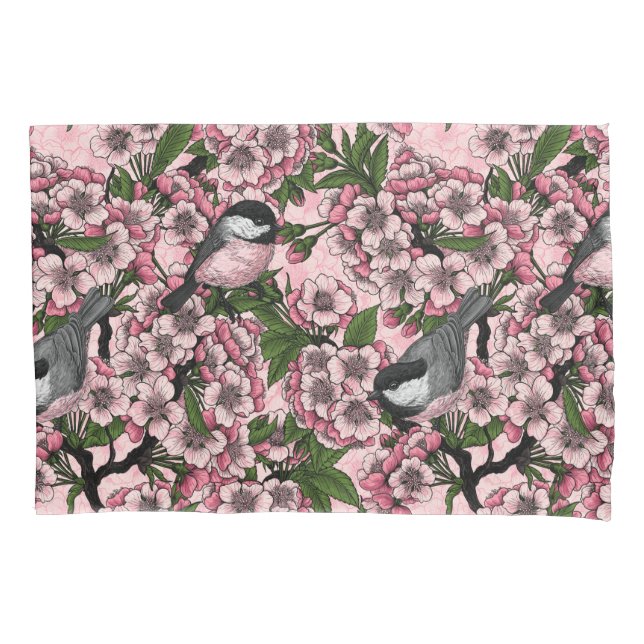 Cherry blossom and chickadees on pink pillow case (Front)