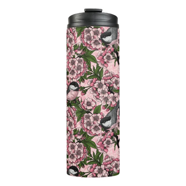 Cherry blossom and chickadees on pink thermal tumbler (Front)