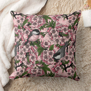Cherry blossom and chickadees on pink throw pillow