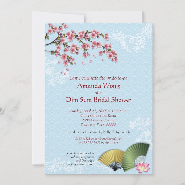 Cherry Blossom and Fans Dim Sum Blue Bridal Shower Invitation (Front)