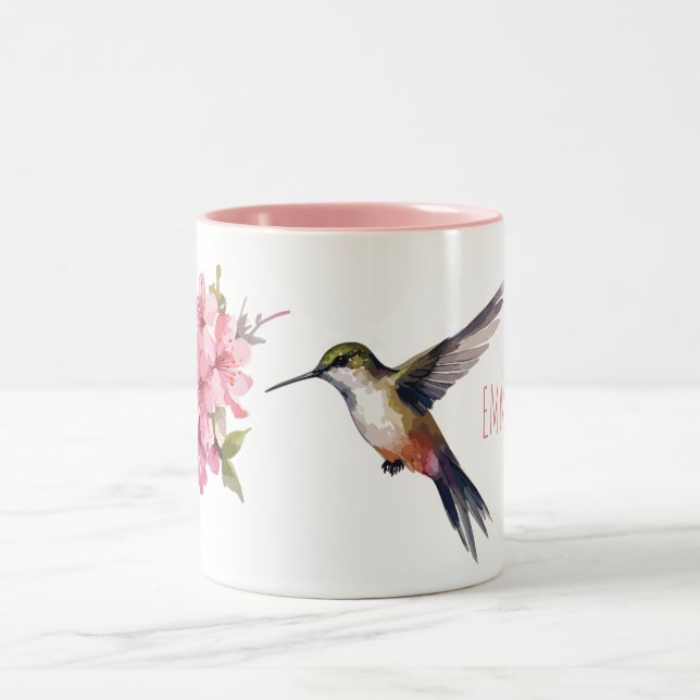 Cherry Blossom and Hummingbird Two-Tone Coffee Mug (Center)