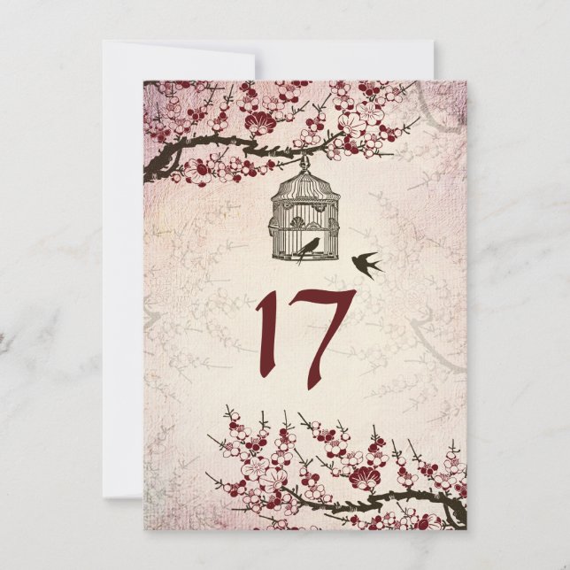 Cherry Blossom and Love Birds Table Number Card (Front)