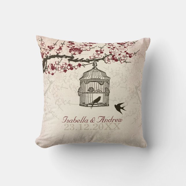 Cherry Blossom and Love Birds Throw Pillow (Front)