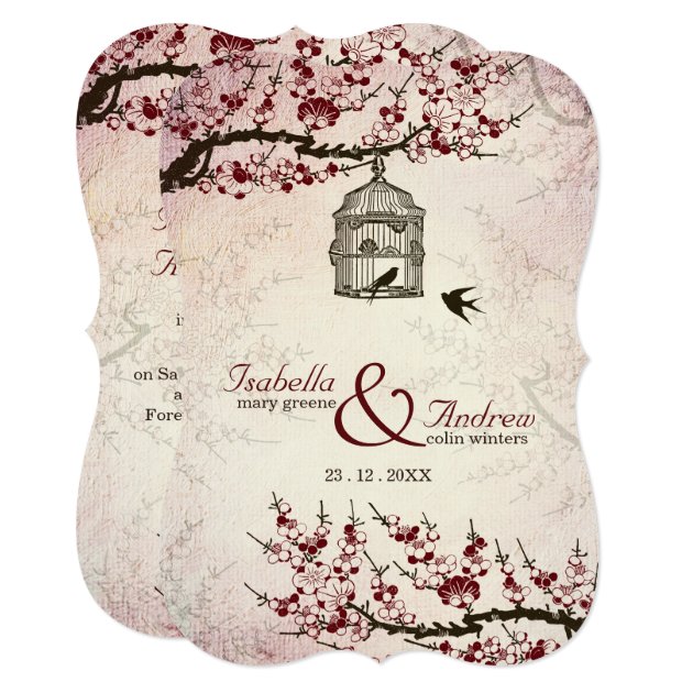 Cherry Blossom And Love Birds Wedding Invite