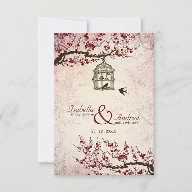 Cherry Blossom and love birds wedding invite (Front)