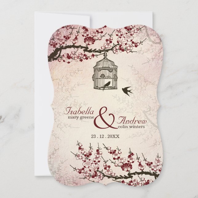 Cherry Blossom and love birds wedding invite (Front)