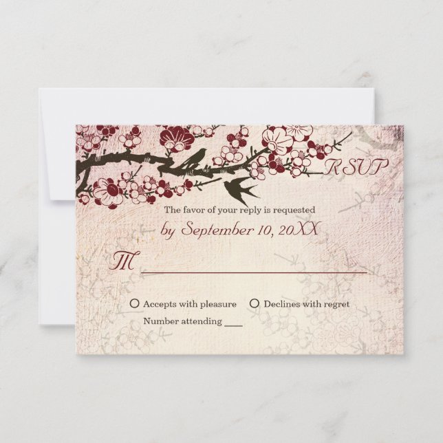 Cherry Blossom and love birds wedding RSVP (Front)