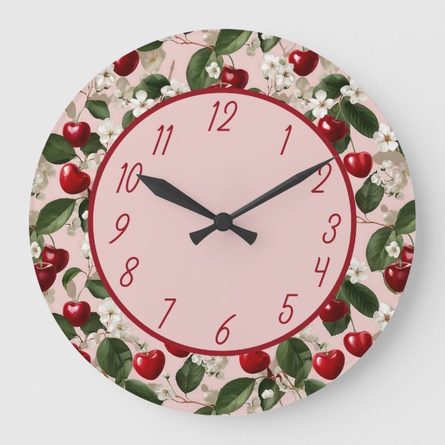 Cherry Blossom and Red Fruit Floral Pattern Design Large Clock (Front)