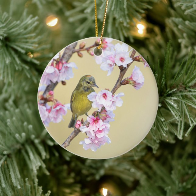 Cherry Blossom and Warbler Ceramic Ornament (Tree)
