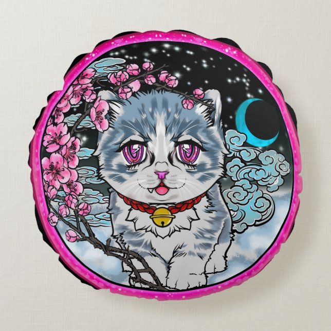 cherry blossom anime snow kitty  round pillow (Front)