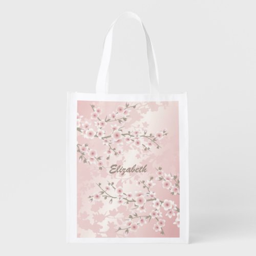 Cherry Blossom Apricot Vintage Floral Monogram  Grocery Bag