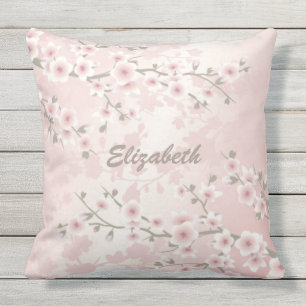 Cherry Blossom Apricot Vintage Floral Monogram Outdoor Pillow