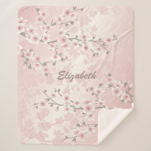 Cherry Blossom Apricot Vintage Floral Monogram Sherpa Blanket