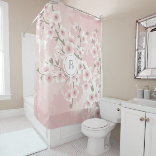 Cherry Blossom  Apricot Vintage Floral Monogram Shower Curtain