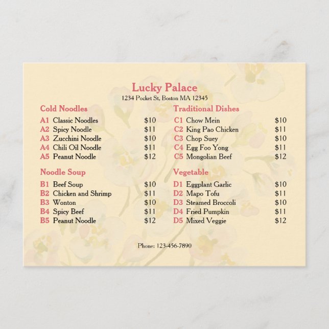 Cherry Blossom Asian Restaurant Flat Menu (Front)