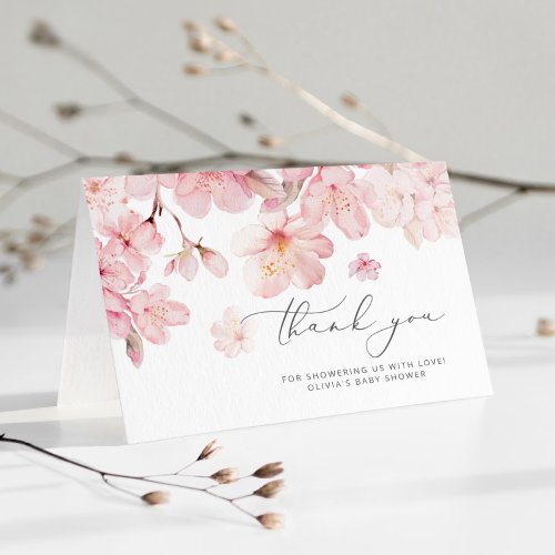 Cherry blossom baby in bloom baby shower thank you card