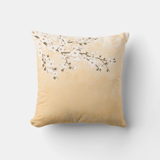 Cherry Blossom Beige Cream Asia Floral Throw Pillow (Front)