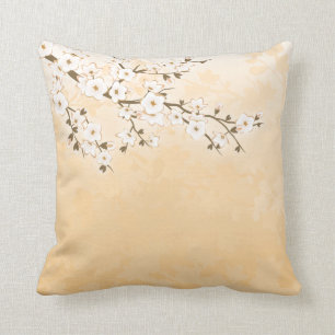 Cherry Blossom Beige Cream Asia Floral Throw Pillow